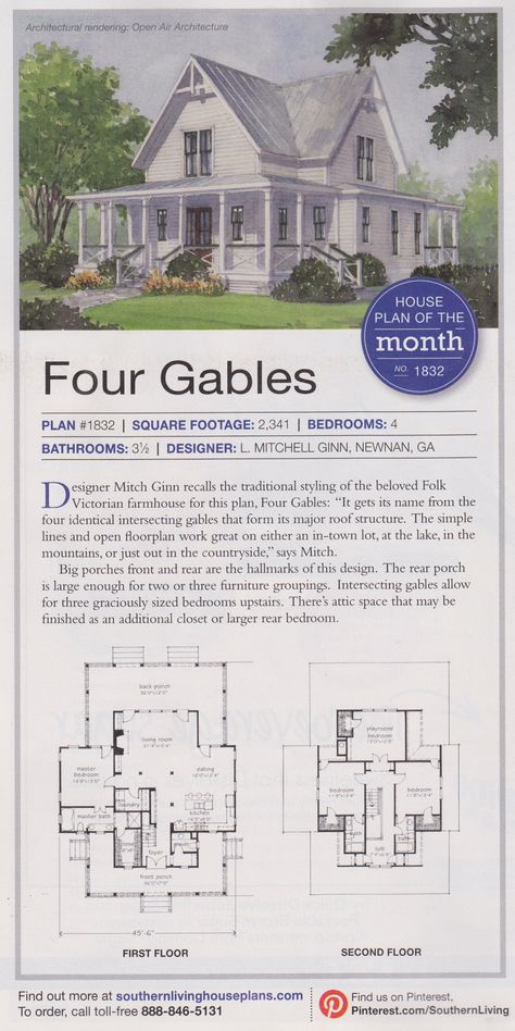 "Four Gables" house plan for mountain or sea. Four Gables House, Victorian Farmhouse Plans, Four Gables House Plan, Four Gables, Gable House, Farmhouse Floor Plans, Victorian Farmhouse, Outdoor Kitchen Design Layout, Casa Vintage