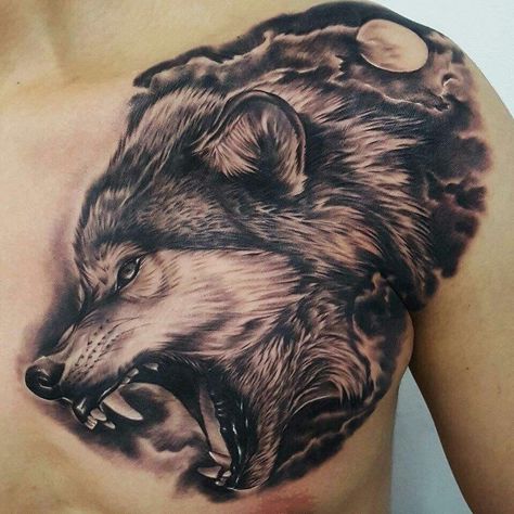 Wolf Tattoo On Chest, Tattoo Ideas Chest, Chest Tattoo Wolf, Wolf Tattoo Ideas, Tattoo On Chest, Small Wolf Tattoo, Wolf Tattoos Men, Latest Tattoo Design, Tattoo Wolf