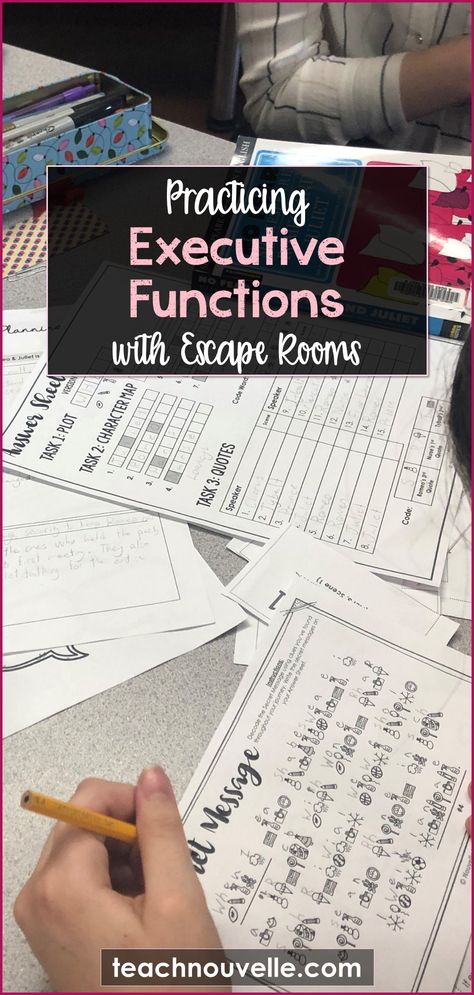 Escape Rooms make teaching executive functioning in middle and high school much easier! These collaborative games help students practice each of the eight major skills: impulse control, emotional control, flexible thinking, working memory, self-monitoring, planning and prioritizing, task initiation, and organization. Executive Functioning Activities Middle School, Executive Functioning Middle School, Executive Functioning Activities, Task Initiation, Teaching Executive Functioning, Emotional Control, Executive Functions, Flexible Thinking, Escape Room Puzzles