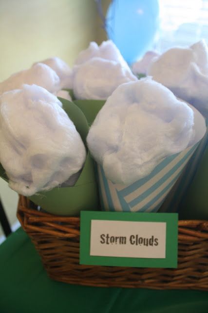 storm clouds -- cotton candy -- "Weather Rocks!" party; Center for Puppetry Arts, Atlanta, GA Tornado Themed Snacks, Tornado Centerpiece, Twister Movie Themed Party, Twister Themed Party, Twonado Birthday Party Food, Tornado Birthday Party Ideas, Weather Party Theme, Tornado Birthday Party Decorations, Fournado Birthday Party Girl