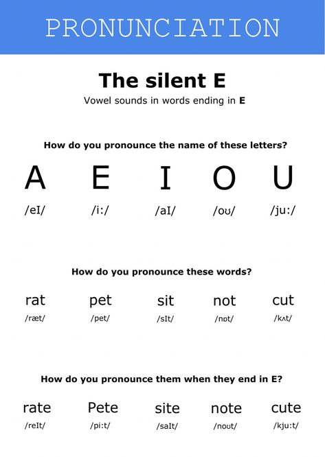 Pronunciation online worksheet for beginner. You can do the exercises online or download the worksheet as pdf. Beginner English Lessons For Adults, Pronunciation Worksheet, E Worksheet, Pronunciation English, Silent E, English Teaching Materials, The Worksheet, English Test, Letter Worksheets