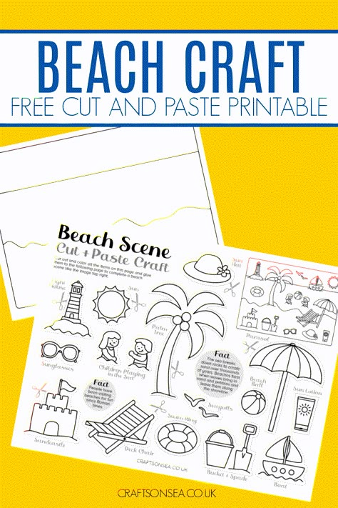 Cut and Paste Beach Craft (FREE Printable) Summer Holiday Crafts, Summer Free Printables, Summer Paper Crafts, Beach Themed Activities For Kids, Beach Theme Crafts, Beach And Ocean Theme Preschool, Cut And Paste Crafts, Beach Activities Preschool, Pre K Beach Theme Activities