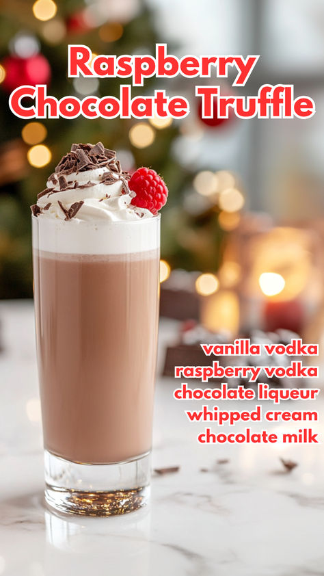 Raspberry Chocolate Truffle Cocktail Recipe Alcoholic Drinks Sweet, Girly Cocktail Recipes, Chocolate Liquor Drinks, Dnd Drinks, Chocolate Alcoholic Drinks, Red Velvet Cocktail, Christmas Cocktails Vodka, Christmas Themed Cocktails, Dessert Cocktails