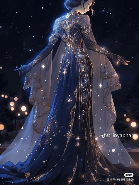 Moon Gown Aesthetic, Night Goddess Dress, Moon And Star Dress, Fantasy Outfits Royal, Cosmic Wedding Dress, Fantasy Star Dress, Celestial Fantasy Outfit, Space Goddess Outfit, Fantasy Astronomy Aesthetic Outfits