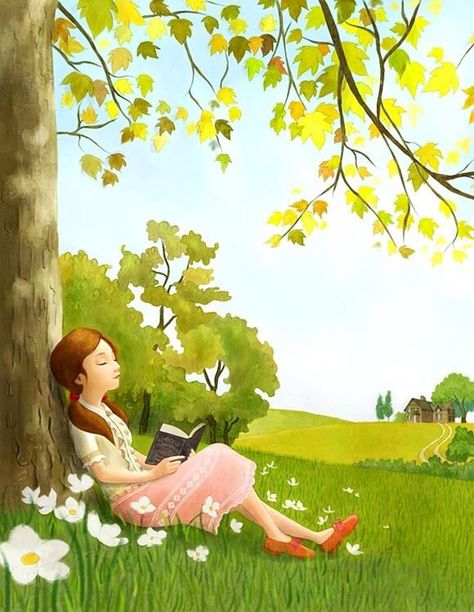 Girl leaning on tree reading a book art Girl Reading Book, Reading Art, Girly Drawings, Illustration Art Girl, Woman Reading, Reading A Book, Girl Reading, Art And Illustration, Dreamy Art