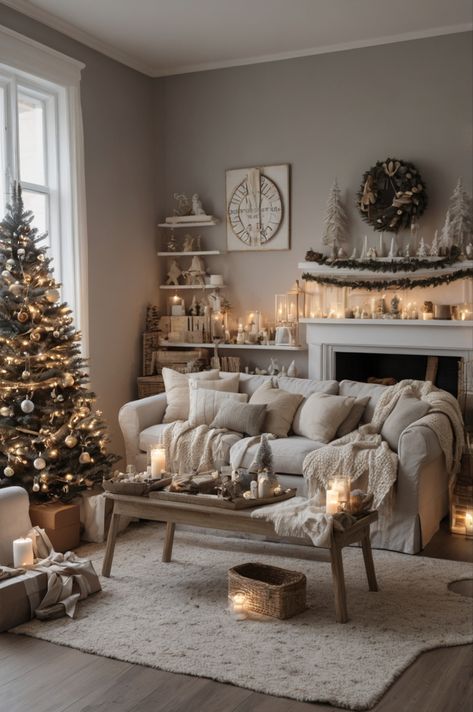 A cozy Christmas living room with a decorated tree, twinkling fairy lights, and stockings hung by the fireplace. Festive throw pillows and blankets adorn the sofa, while garlands and candles add warmth. Presents are neatly placed under the tree. #chirstmasdecor #chirstmaslivingroomdecor Christmas Lounge Room, Neutral Christmas Decor Living Room, Cozy Christmas Living Room Ideas, Christmas Couch Decor, Cozy Christmas Living Room Decor, Christmas Couch, Espresso House, Throw Pillows And Blankets, Christmas Interior Design