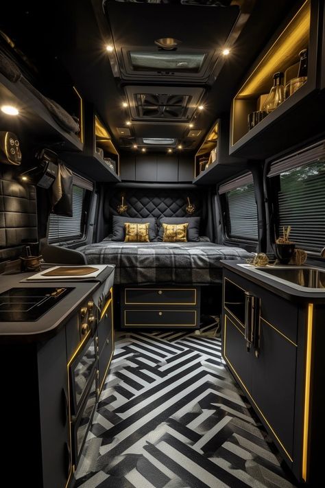 Stylish industrial black grey and gold campervan interior showcasing a blend of luxury and comfort. Perfect for road trip adventures and nomadic living. Black And Gold Camper Interior, Van Interior Design Ideas, Black Campervan Interior, Black Caravan Interior, Modern Van Interior, Luxury Camper Van Interior, Black Rv Interior, Luxury Rv Interior, Luxury Van Interior