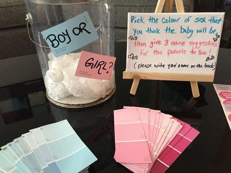 Diy Gender Reveal Decor, Gender Guessing Ideas, Gender Reveal Outside Ideas, Gender Reveal Ideas Diy Simple, Things To Do At A Gender Reveal Party, Gender Games, Gender Reveal Board Ideas, Gender Reveal Name Ideas, Gender Reveal At Wedding Reception