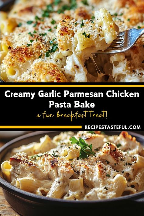 Enjoy this deliciously creamy and cheesy pasta bake with rotini, tender chicken, and a rich garlic Parmesan sauce. Perfect for family dinners or potlucks, this comforting dish is easy to make and sure to please everyone at the table. Serve it bubbling hot for a cozy meal that brings everyone back for seconds!" Creamy Garlic Parmesan Chicken Pasta, Rotini Pasta Recipes, Creamy Garlic Parmesan Chicken, Garlic Parmesan Chicken Pasta, Parmesan Chicken Pasta, Baked Garlic Parmesan Chicken, Cheesy Pasta Bake, Garlic Parmesan Pasta, Garlic Parmesan Sauce