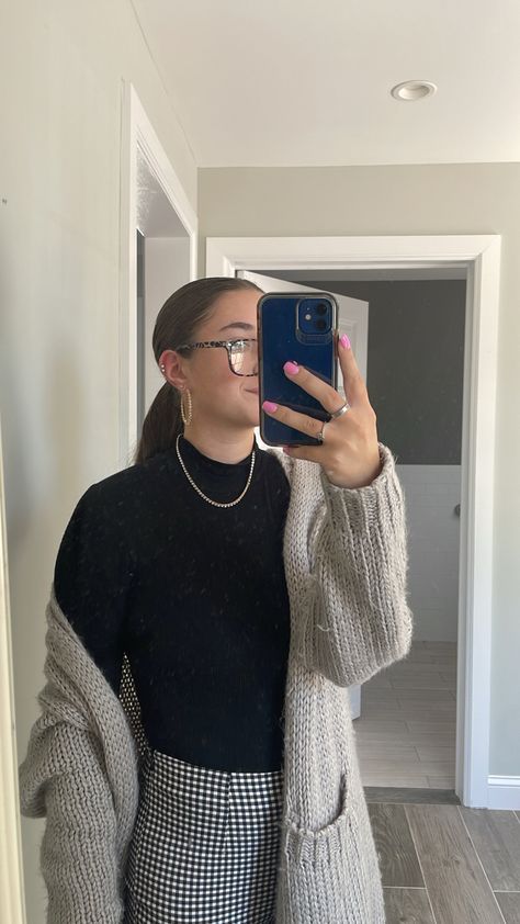 Black Turtleneck And Cardigan Outfit, Checkered Slacks Outfit, Black Mock Neck Top Outfit Layered, Layered Mock Neck Outfit, Black Turtleneck Work Outfit, Mockneck Top Outfit Layered, Turtle Neck Work Outfit, Mock Neck Top Outfit Layered, Black Mock Neck Top Outfit