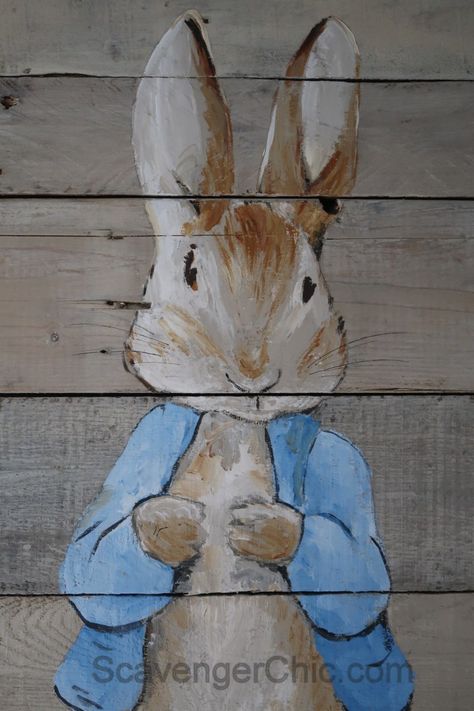 Pallet Wood Peter Rabbit in Time for Spring Easter Wood Signs, Easter Paintings, Easter Wood Crafts, Bunny Painting, Wood Pallet Art, Spring Easter Crafts, Easter Projects, Pallet Painting, Easter Art