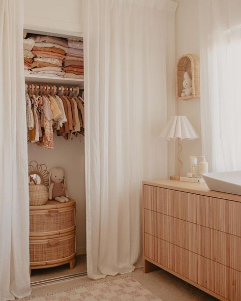 Curtains In Closet Doors, Curtain Wardrobe Doors Bedrooms, Curtain Over Wardrobe, Linen Curtain Wardrobe, Curtains For Wardrobe Doors, Wardrobe With Curtain Doors, Open Wardrobe Curtain Ideas, Hide Clothes Rack, Linen Closet Curtain Door