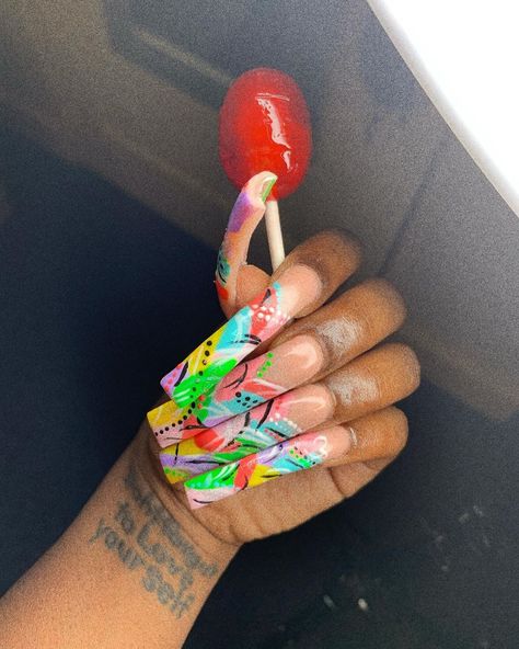 ♥ Nail Tech ♥ on Instagram: “90s Hood Brat Ghetto Vibes🍒💸✨💎💅🏾👸🏽 #nailsofinstagram” 90s Nails, Nails Grunge, Drip Nails, Long Acrylic Nails Coffin, Exotic Nails, Square Acrylic Nails, Fire Nails, Bling Nails, Dope Nails