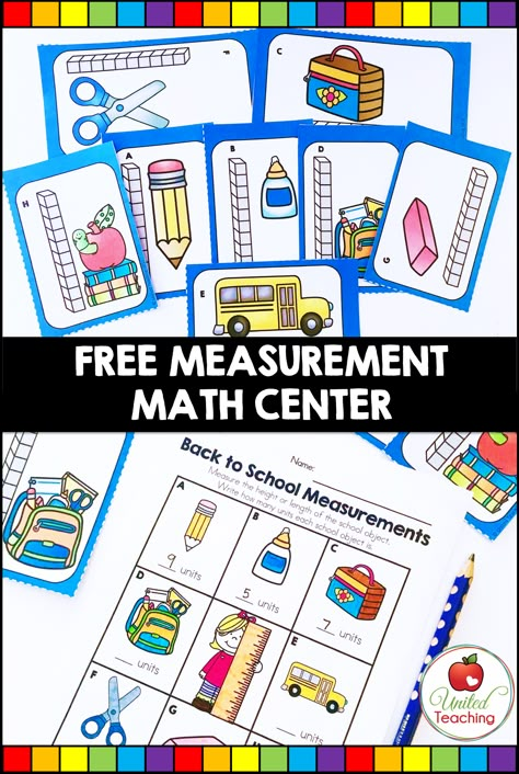 Grab this FREE Back to School Measurement Math Center and help your students practice non standard measurement in a fun and engaging way. Eight measurement cards are provided along with a worksheet for recording answers. This math activity, which covers measuring length and height of school objects, is ideal for math centers and small guided math groups. #backtoschool #backtoschoolideas #mathactivities Measurement Preschool, Non Standard Measurement, Measurement Math Centers, Kinder Math Centers, Measurement Kindergarten, School Objects, Guided Math Groups, Measuring Length, Measurement Activities