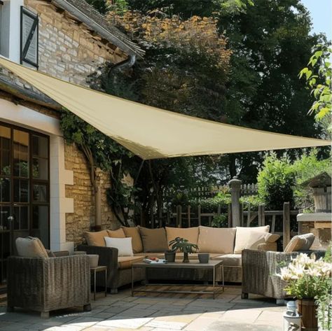 Sun Shade Sail - TheHues Back Deck Shade Sail, Shade Ideas For Pool Area, Sunshade Ideas Outdoor Spaces, Outdoor Sail Shade, Condo Patio, Garden Sail, Patio Sails, Deck Shade, Covered Outdoor Kitchens