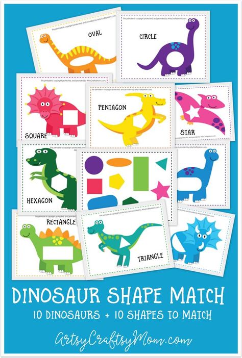 Printable Dinosaur Shape Match 9 Learning Shapes Preschool, Learning Shapes Activities, Matching Games For Toddlers, Dinosaur Theme Preschool, Dinosaur Activities Preschool, Shapes For Toddlers, Learn Shapes, Shapes Kindergarten, Dinosaurs Preschool