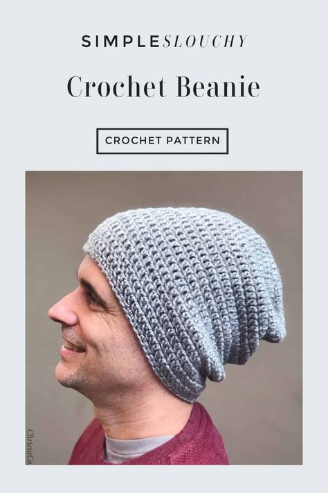 Pin image with man in grey crochet slouchy beanie. Crochet Slouch Beanie Pattern Free, Mens Slouchy Beanie Crochet Pattern Free, Slouchy Crochet Beanie, Slouchy Beanie Crochet Pattern Free, Slouch Beanie Crochet Pattern, Double Crochet Beanie Pattern, Slouch Hat Crochet Pattern, Beanie Free Crochet Pattern, Slouchy Beanie Crochet