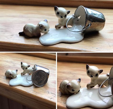 Went Through A Box I Inherited Of My Grandparents Knick-Knacks And Came Across This Beautiful Gem. Tiny Little Ceramic Kittys Drinking And Playing In Spilled Milk Two Porcelain Cats Drinking Milk, Porcelain Cats, Vintage Knick Knacks, Hagen Renaker, Spilled Milk, Clay Cup, Tiny Cats, Cat Drinking, Ceramics Pottery Art