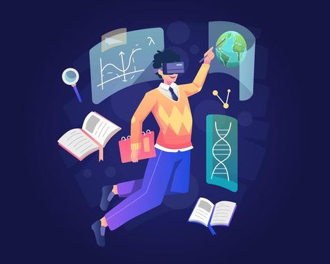 A male student is studying with wearing a VR Headset. Virtual Reality technology for Education and Online Learning concept. Flat style vector illustration Classroom Background, Virtual Reality Technology, Teacher Technology, Vr Experience, Vr Headset, Envato Elements, Flat Style, Flat Illustration, Educational Technology