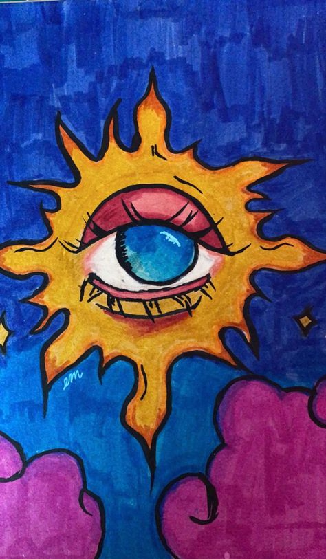 Clouds With Eyes Drawing, Simple Drawings With Acrylic Paint, Trippy Cloud Painting, Eyes Drawing Abstract, Purple Marker Drawing, Sun Eye Drawing, Sun With Eyes Drawing, Trippy Marker Drawings, Eye In Mouth Drawing