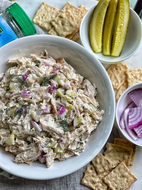 Light Dill Ranch Chicken Salad Chicken And Dill Recipes, Sweetsavoryandsteph Recipes, Sweet Savory And Steph Recipes, Dill Chicken Salad Recipe, Chicken Salad Dill, Healthy Ranch Chicken Salad, Sweet Savory And Steph, Dill Pickle Chicken, Light Dill Ranch Chicken Salad