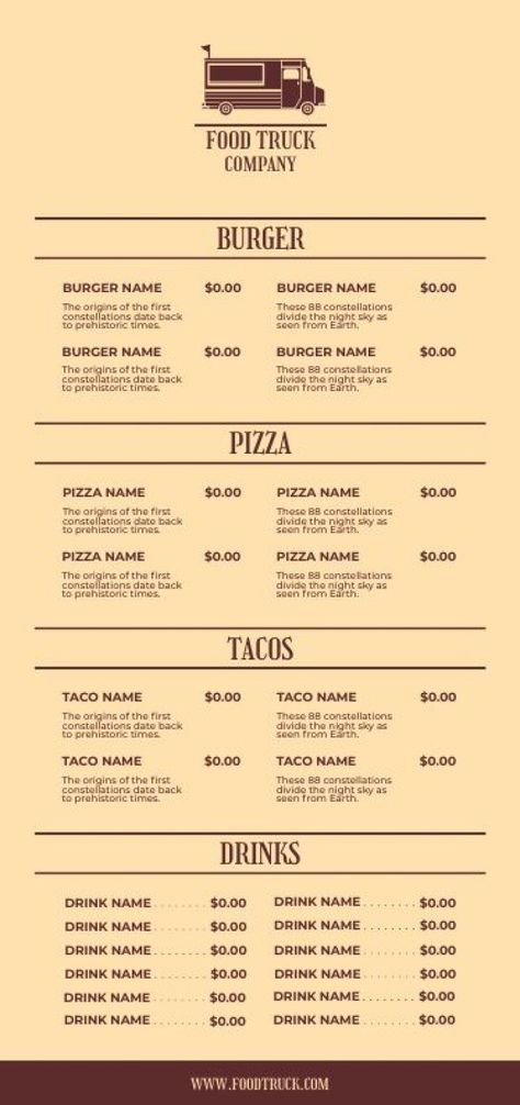 Bakery Food Truck Menu Ideas, Food Truck Menu Design, Food Truck Menu Ideas, Food Truck Recipes, Vintage Food Truck, Burger Names, Pizza Names, Scene Reference, Foodtrucks Ideas