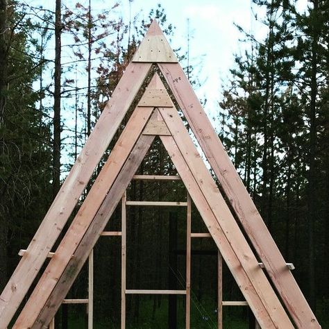 A new #aframe #playhouse for my little girl is starting to take shape. #aframecabin #tinyhouse #tinyaframe #construction #building… Backyard A Frame Playhouse, A Frame Playhouse Plans, A Frame Tree House Kids, A Frame Outhouse, A Frame Loft Houseplans.com, Modern Homesteading, Artist Loft, A Frame Cabin, Outdoor Projects