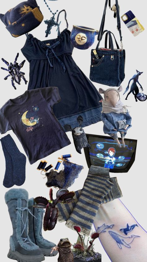 Blue Goth Aesthetic Outfits, Moon Core Outfits, Blue Whimsigoth Outfit, Blue Goth Outfits, Blue Whimsigoth, Witch Fashion Aesthetic, Whimsigoth Outfits, Whimsical Goth, Thrift Inspo