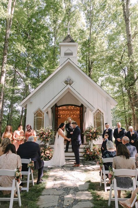 Summer Wedding | Conley Creek | Blairsville, GA White Wedding Chapel in Georgia Mountains Mountain Wedding Chapel, Wedding Chapel In The Woods, Mountain Wedding Georgia, Small White Chapel Wedding, Mountain Chapel Wedding, Beautiful Chapel Wedding, Little Church Wedding, Little Chapel Wedding, Outdoor Chapel Wedding