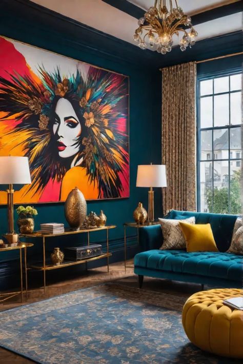 A vibrant maximalist living room with a statementmaking abstract artwork as the Modern Jewel Tone Living Room, Bold Home Design, Unconventional Living Room, Art Deco Living Room 1920s, Eclectic Glam Living Room, Vibrant Maximalist, Colorful Living Room Ideas, Artistic Living Room, Jewel Tone Living Room