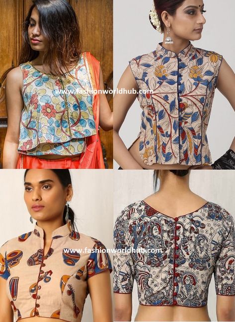 Kalamkari Blouse Designs With Boat Neck, Decent Blouse Designs, Saree With Kalamkari Blouse, Kalamkari Tops, Blouse Neck Models, Kalamkari Dress, Kalamkari Blouse Designs, Neck Models, Plain Sarees