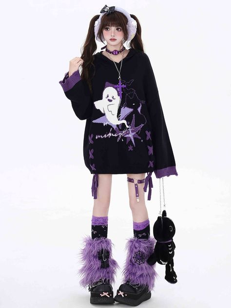 Embrace the Halloween spirit with our uniquely designed Colorblock Hooded Sweater. Featuring an adorable Little Ghost on the front, this sweater combines spooky fun with stylish flair. The colorblock design adds a contemporary touch, while the lace-up detail on the sides brings an additional layer of visual interest. For a playful twist, the cuffs are adorned with distressed holes, giving the sweater a trendy, worn-in look. Perfect for Halloween festivities.  Garment Size   	 		 			Size 			S 			M 		 		 			Full Length 			70 			72 		 		 			Bust 			116 			120 		 		 			Shoulders 			64 			65 		 		 			Sleeve Length 			50 			51 Pastel Goth Outfit Ideas, Alt Icons, Purple Contrast Color, Relatable Art, Fem Outfits, Purple Contrast, Black Kawaii, Bubble Goth, Goth Outfit Ideas