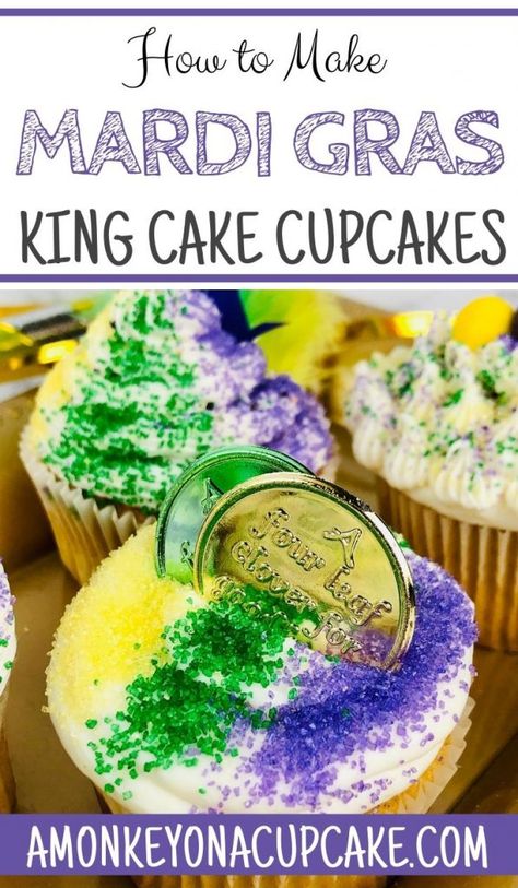 King Cake Cupcakes Recipe, Mardi Gras Cupcakes, Mardi Gras Recipes, Kings Cake Cupcakes, Mardi Gras King Cake, Mardi Gras Food, Cupcakes With Cream Cheese Frosting, Purple Pumpkin, Cupcake Bakery