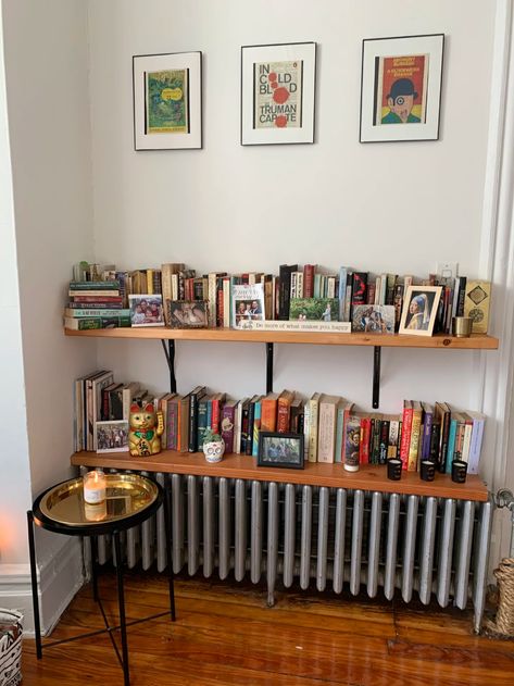 Small Cozy Brooklyn Rental Apartment Photos | Apartment Therapy Massachusetts Houses, Faux Marble Countertop, Two Couches, Radiator Shelf, Cool Shelves, Driftwood Diy, Green Couch, Rental Apartment, Picture Shelves