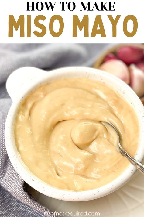 Creamy sauce in a white bowl with a spoon. Miso Mayo Recipe, Japanese Mayo Recipe, Japanese Mayonnaise Recipe, Miso Mayonnaise, Miso Sauce Recipe, Miso Salad Dressing, Miso Recipes, Spicy Mayo Recipe, Miso Recipe