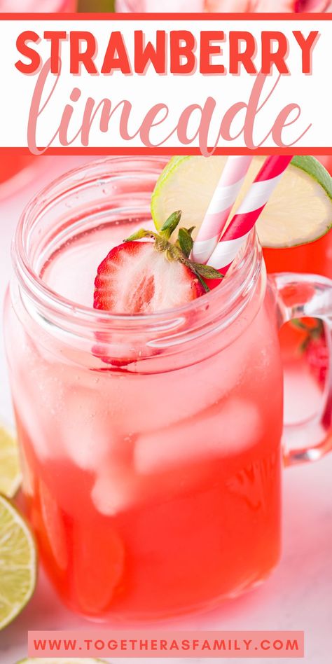 Homemade Strawberry Limeade is a refreshing drink made with a simple fresh strawberry syrup, fresh lime juice, cold water, sliced limes and strawberries. This limeade with strawberries is a refreshing beverage for summertime. Strawberry Limeade Recipe, Limeade Drinks, Strawberry Limeade, Brazilian Lemonade, Limeade Recipe, Turtle Brownies, Daiquiri Cocktail, Lime Punch, Alcholic Drinks