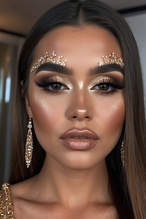 Bridal Makeup With Glitter, Gold Rave Makeup, Gold Festival Makeup, Dance Makeup Competition, Met Gala Makeup Looks, Fairy Quince, Festival Looks Makeup, Goddess Costume Makeup, Greek Goddess Makeup