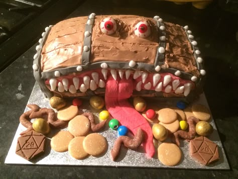 Mimic birthday cake - chocolate ganache, royal icing, bad attitude and heckin chompers. #dnd #mimic #dungeonsanddragons #cake #cakedecoratin #fantasy #baking #d&d D And D Cake, Dnd Themed Desserts, Mimic Cake Dnd, Dnd Birthday Cake, Dnd Desserts, Dnd Grooms Cake, Dnd Themed Birthday Party, Dnd Party Food, Dnd Birthday