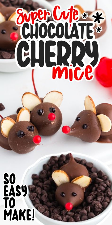 Chocolate Cherry Mice are cute no-bake holiday treats made with chocolate-coated cherries, almonds, Hershey's Kisses, icing, and candies. Hershey Kiss Mice, Cherry Mice, Christmas Dessert Platter, Holiday Dessert Platter, Chocolate Mice, Mouse Recipes, Chocolate Dipped Cherries, Movie Recipes, Christmas Mice