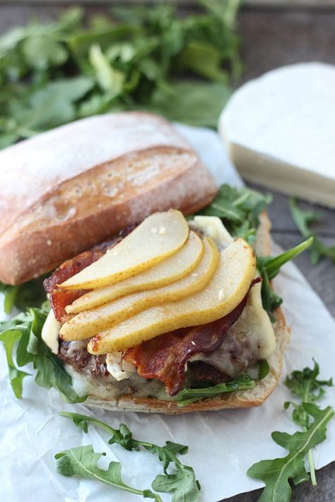 Arugula Burger, Carmelized Pears, Caramelized Pears, Caramelized Pear, Stuffed Breads, Bison Recipes, Homemade Ham, Bison Burgers, Sliced Pears