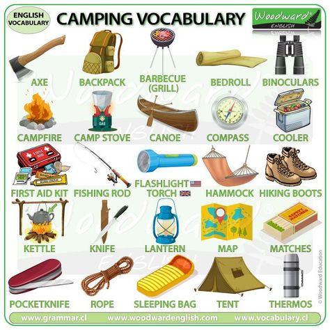 NEW CHART: Camping vocabulary in English See our complete list of camping items with a description of what they are/do here: https://www.vocabulary.cl/english/camping-equipment.htm #camping #campinglife #LearnEnglish #ESOL #EnglishLesson #camp #EnglishTeacher #EnglishVocabulary Vacation Vocabulary English, English Camp Activities, Camping Equipment List, Adventure Equipment, Woodward English, Vocabulary In English, Dream University, Travel Equipment, Learn English For Free