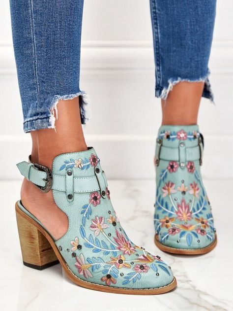 Free Returns ✓ Free Shipping On Orders $49+ ✓. Buckle Detail Chunky Heeled Sandals Boots- Women Fashion Boots at SHEIN. Embroidered Chunky Heels, Chunky Heeled Boots, Comfy Heels, شال كروشيه, Shoes Boots Ankle, Chunky High Heels, Chunky Heels Sandals, Slingback Sandals, Buckle Sandals