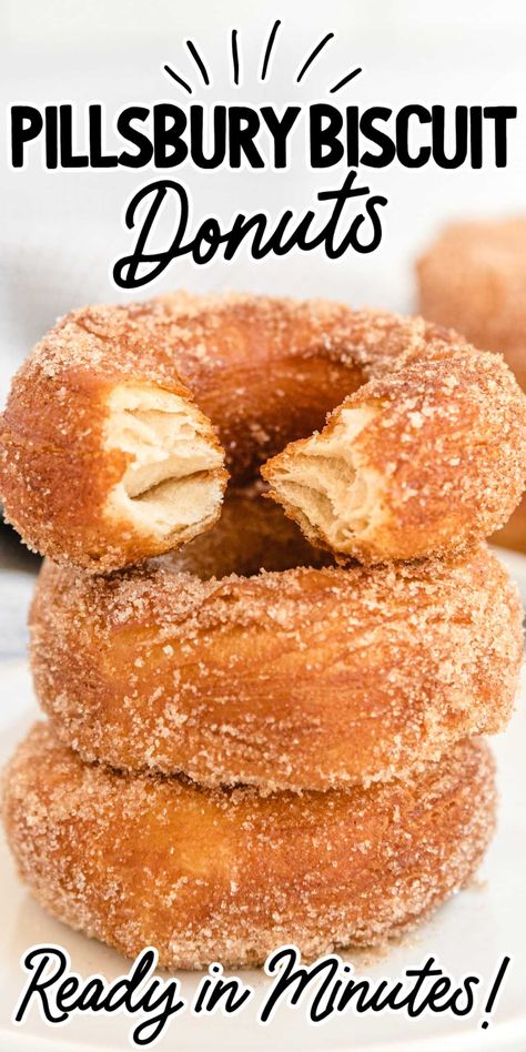 These cinnamon sugar-coated Pillsbury Biscuit Donuts are a simple and tasty solution to satisfy your donut craving. Pillsbury Biscuit Donuts, Canned Biscuit Donuts, Pillsbury Biscuit Recipes, Doughnuts Easy, Sugar Donuts Recipe, Pilsbury Recipes, Canned Biscuit, Easy Homemade Biscuits, Biscuit Donuts