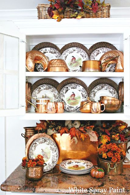 Stunning Thanksgiving Vignettes Day 3 Copper Dishes, Hutch Decor, White Spray Paint, Pretty Tables, Beautiful Spaces, Copper Kitchen, Flea Market Finds, Beautiful Space, Autumn Home