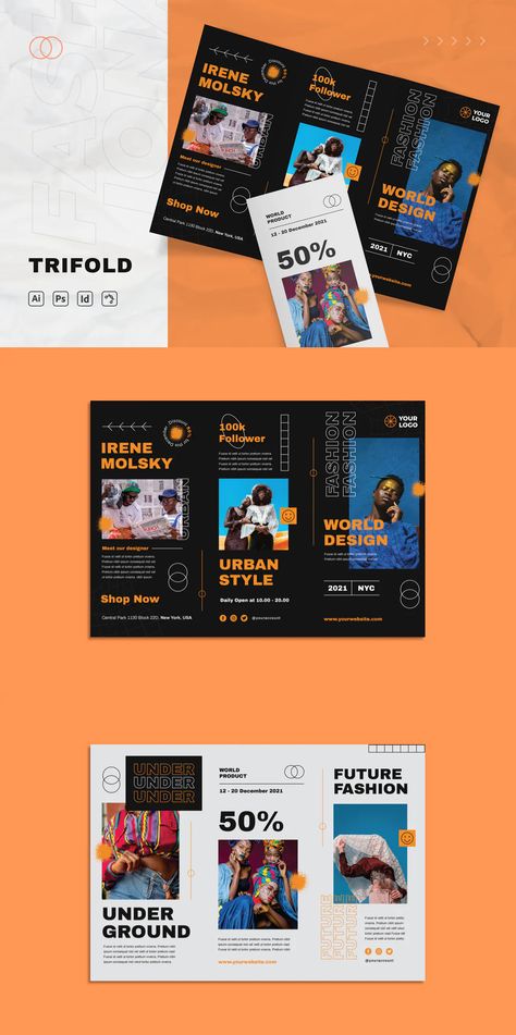 Fashion Brochure Template AI, EPS, INDD, PSD Urban Shop, Brochure Design Templates, Trifold Brochure Template, Trifold Brochure, Brochure Design Template, Fashion Event, Urban Style, Brochure Design, Brochure Template