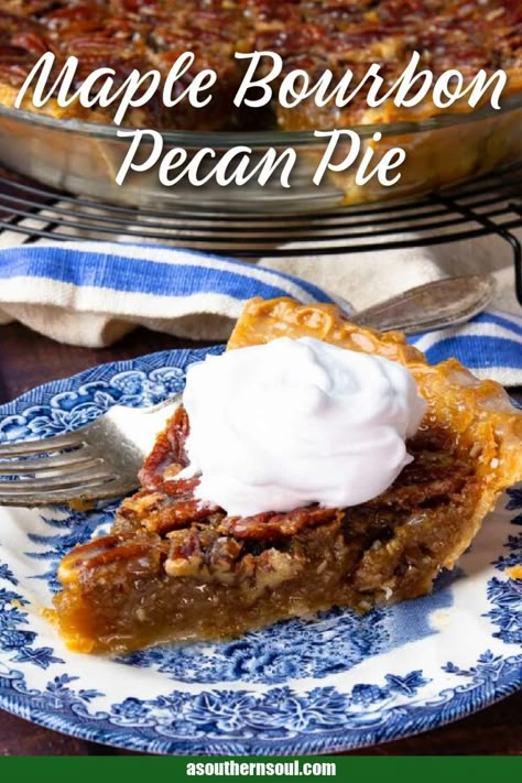 Bourbon Pecan Pie Recipe, Homemade Bourbon, Chocolate Bourbon Pecan Pie, Maple Pecan Pie, Homemade Whipped Cream Recipe, Bourbon Pecan Pie, Best Pecan Pie, Holiday Desserts Table, Chocolate Bourbon