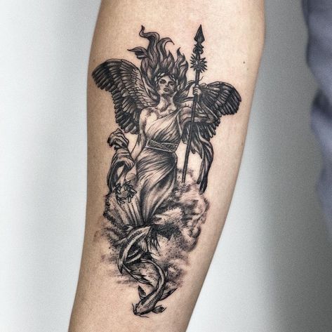 Greek Mythology Cover Up Tattoo, Nike Goddess Of Victory Tattoo, Goddess Of Victory Tattoo, Nike Goddess Tattoo, Victoria Tattoo, Linear Tattoo, Greek Goddess Tattoo, Victory Tattoo, Nike Tattoo