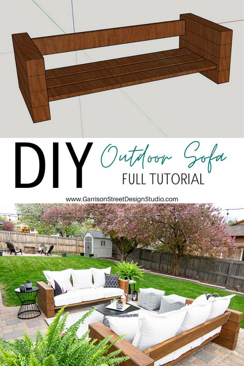 5 DIY Building Projects To Try Right Now | ©GarrisonStreetDesignStudio | DIY Outdoor Sofa | Outdoor Furniture | DIY | Wood | Rustic | Modern | Easy | Ideas | Cushions | Cheap | Comfortable | On a Budget | Lounge | Restoration Hardware Aspen Collection | Knockoff | Patio | Porch | Deck | Couch |Sofa | Build | Stain | Seating | Timbers | Lumber | 6x6 | Backyard | Yard | Affordable | Comfy | Railroad Ties |Tutorial | Bench | Patio Furniture | Summer | Outdoor | Living | Oasis | Spaces Diy Building Projects, Cheap Patio, Building Projects, Bed Bench, Diy Building, Diy Holz, Furniture Bed, Diy Patio Furniture, Diy Outdoor Furniture