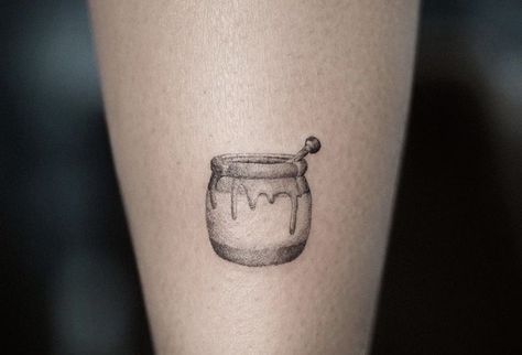 Honey Jar Tattoo Winnie The Pooh, Honeypot Tattoo Simple, Honey Bottle Tattoo, Honeybun Tattoo, Honey Pot Tattoo Simple, Winnie The Pooh Honey Pot Tattoo, Small Honey Jar Tattoo, Honey Tattoo Ideas, Jonah Tattoo