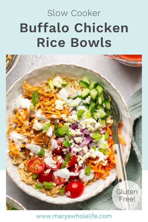 These Buffalo Chicken Rice Bowls are easy to make in your slow cooker or Instant Pot. They are packed with tender buffalo shredded chicken, rice, veggies, and a homemade high protein ranch dressing. Macro-friendly and gluten free! Protein Ranch Dressing, Buffalo Shredded Chicken, High Protein Ranch, Shredded Chicken Rice, Protein Ranch, Buffalo Chicken Rice Bowl, Buffalo Chicken Rice, Chicken Bowls Healthy, Rice Bowls Healthy